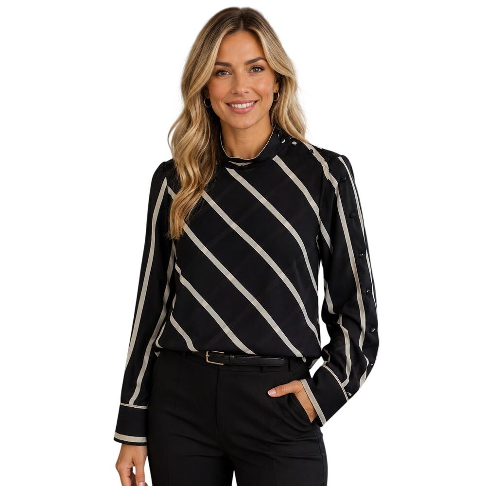 Who What Wear Diagonal Striped Top Top Womens Medium Black Cream Long Sleeve